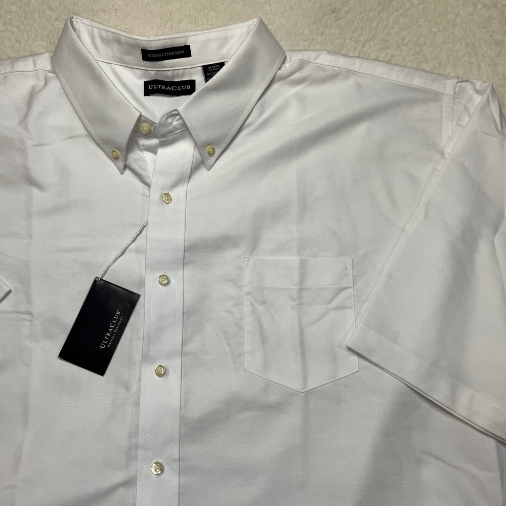 UltraClub Button Down Mens 5XL White Wrinkle Resistant Short Sleeve Oxford Shirt